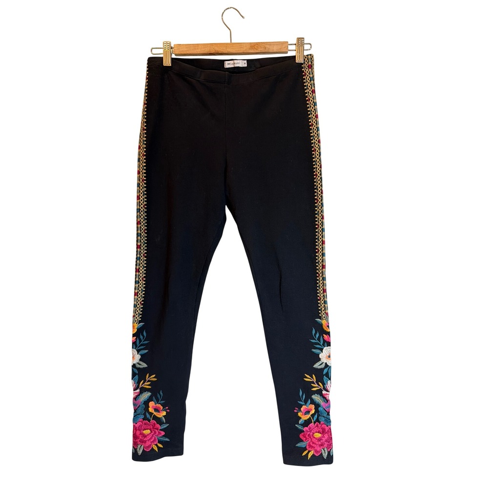 JW Los Angeles Black Floral Embroidered Leggings Side Trim Boho Pants S